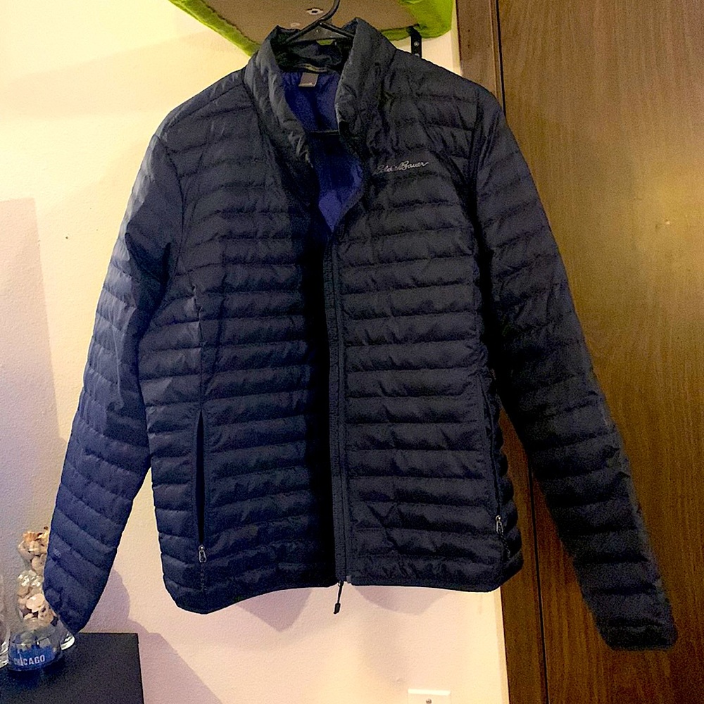 Eddie Bauer Microlight Down Jacket women’s size XL, black, blue lining